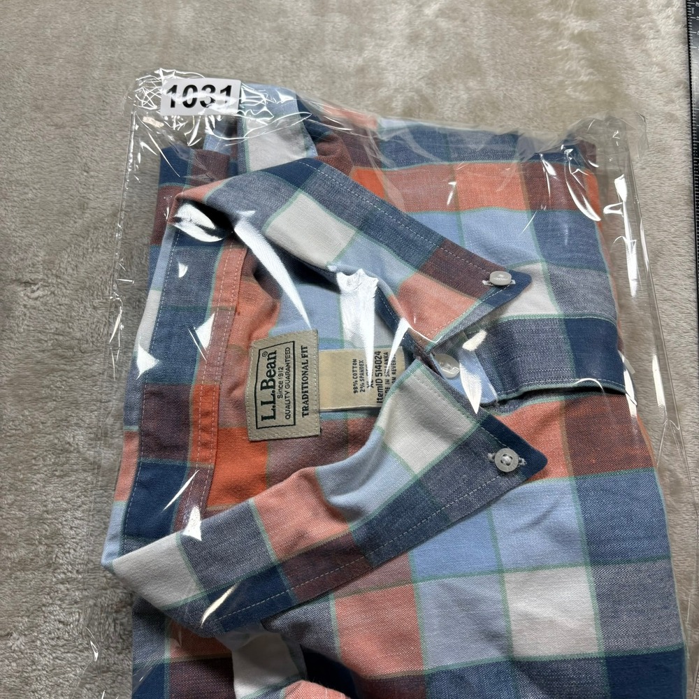 LL Bean Mens XL Traditional Fit Plaid Short Sleeve Button Down Shirt Orange Blue - Picture 13 of 13